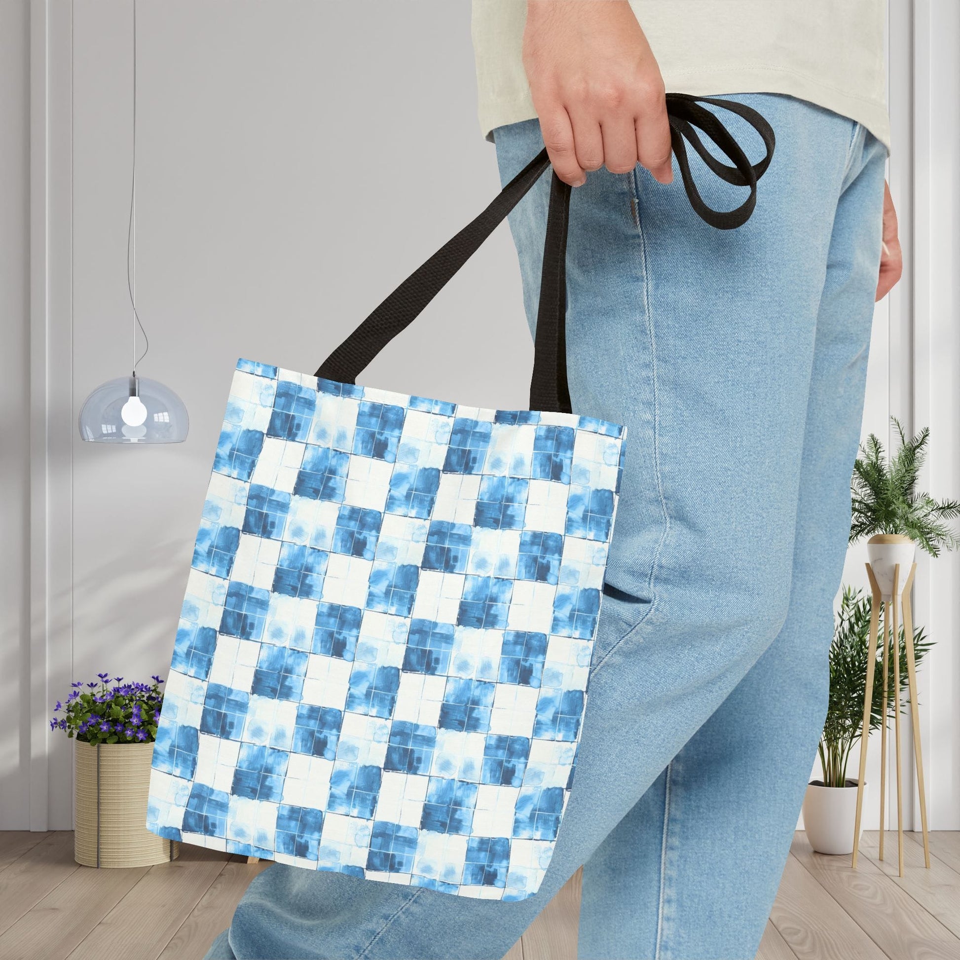 Cozy Blue Checkered Canvas Tote Bag