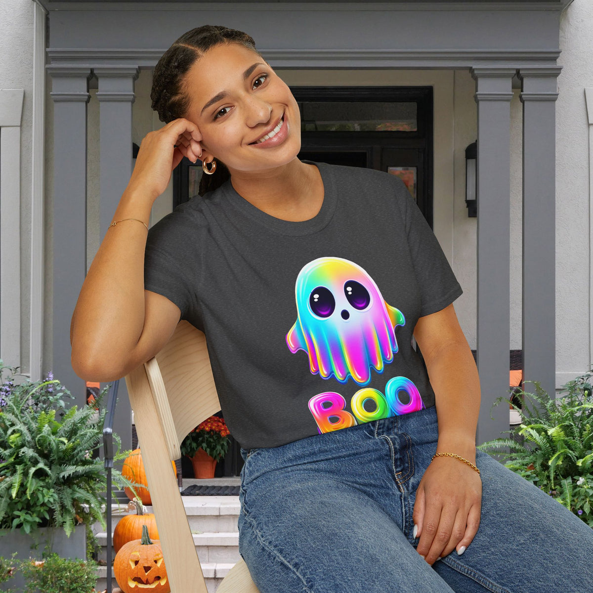 Neon Ghostly Boo Adult T-shirt