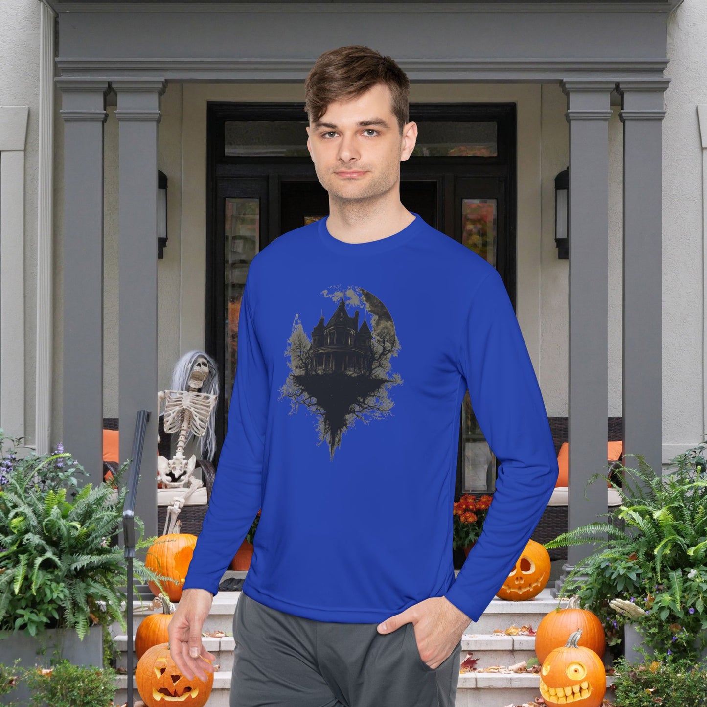 Halloween Haunted House Adult Long Sleeve Tee