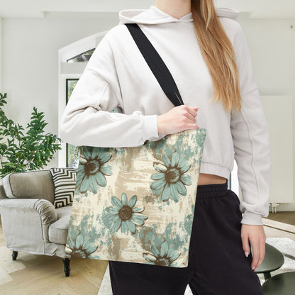 Rustic Teal Daisy Canvas Tote Bag