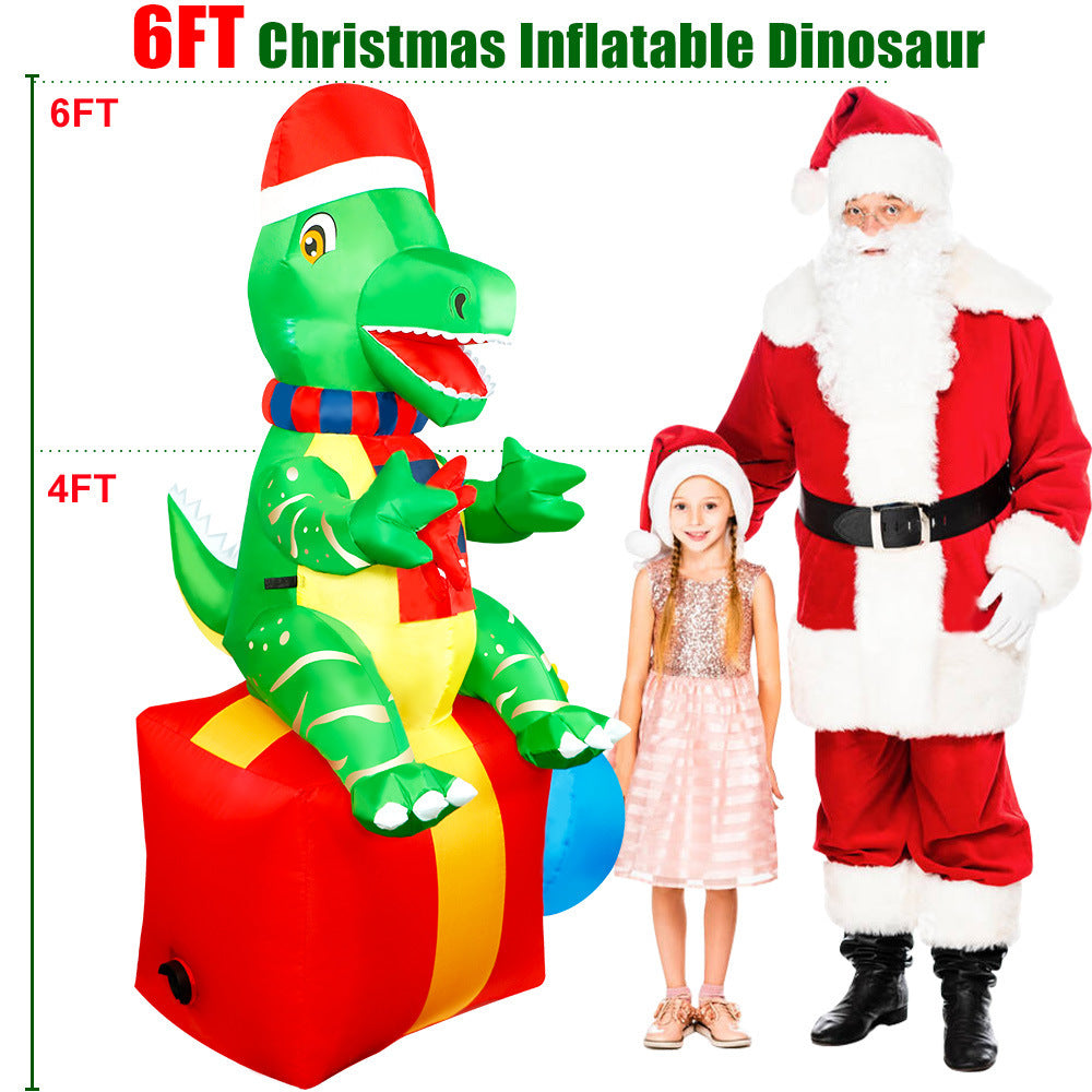 Inflatable Christmas Dinosaur on Gift Box with LED Lights