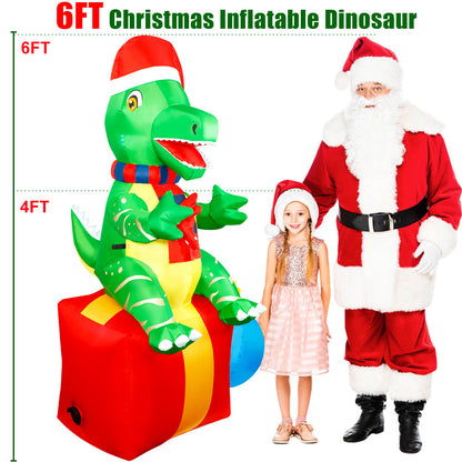 Inflatable Christmas Dinosaur on Gift Box with LED Lights