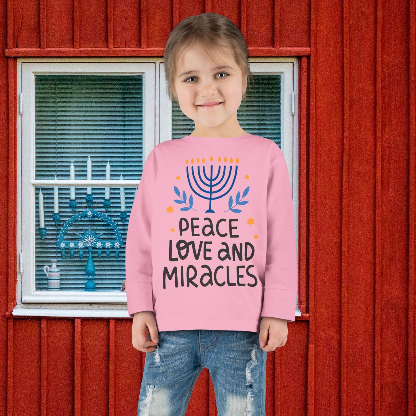 Hanukkah Peace Love & Miracles 1 Toddler Long Sleeve Tee