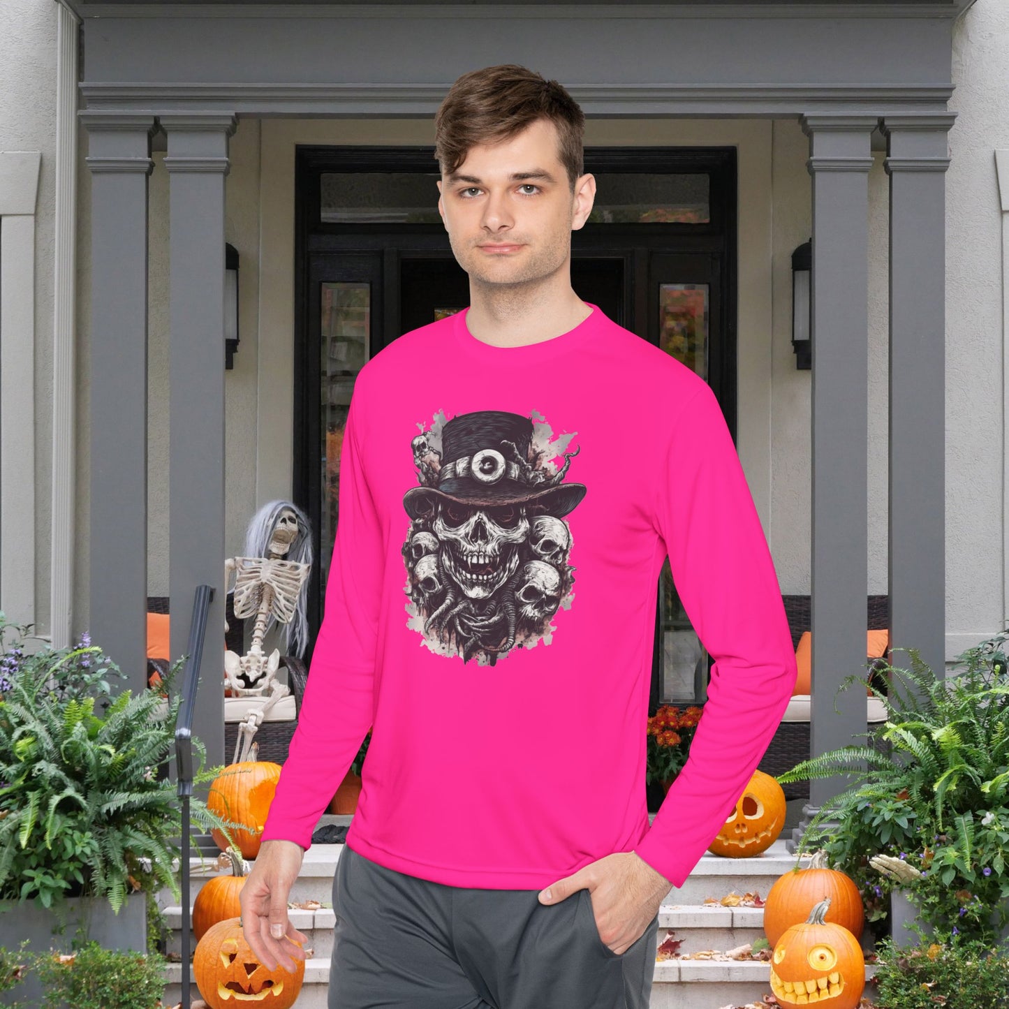 Creepy Skull w/Top Hat Adult Long Sleeve Tee