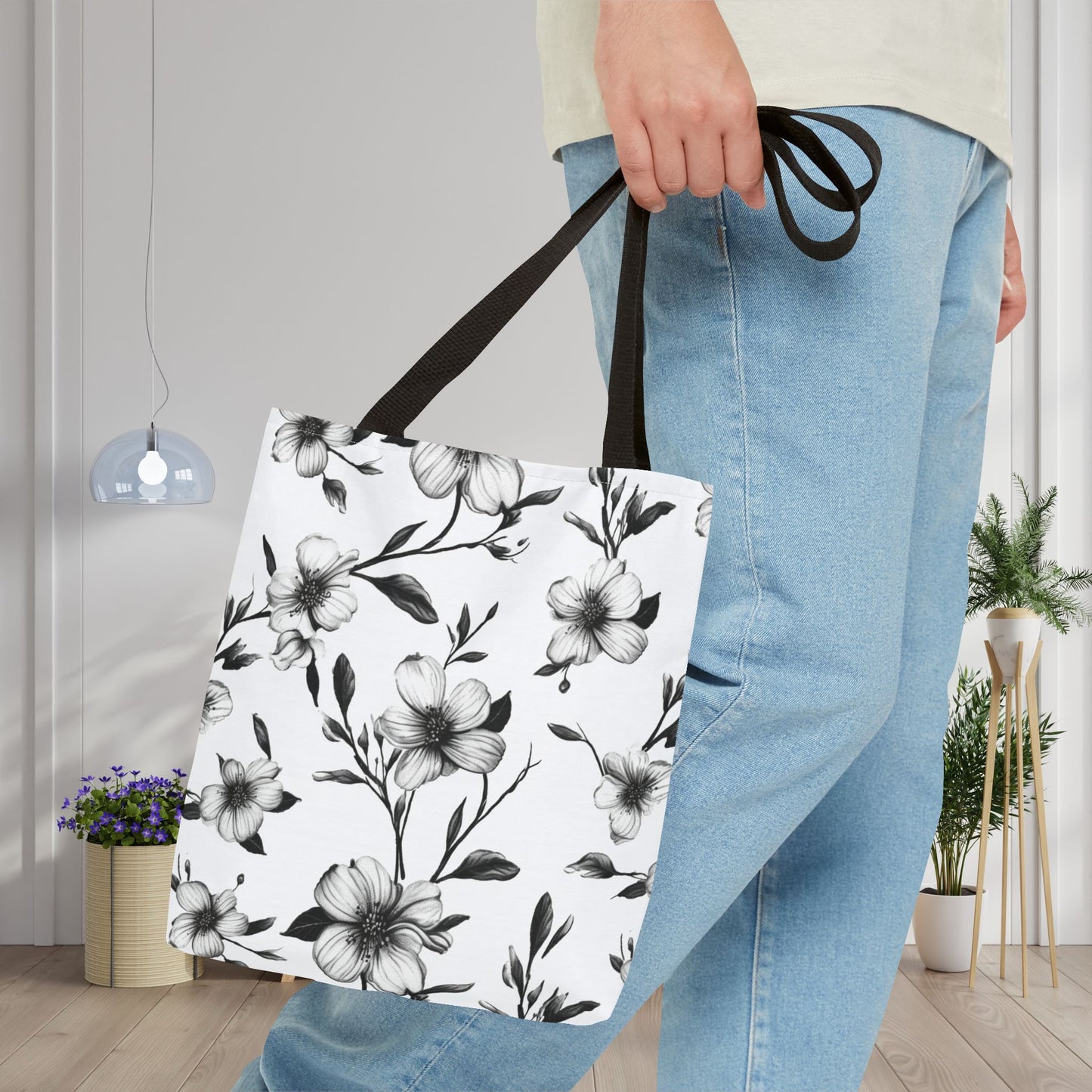 Black & White Five Petal Floral Canvas Tote Bag