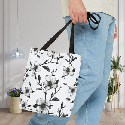 Black & White Five Petal Floral Canvas Tote Bag