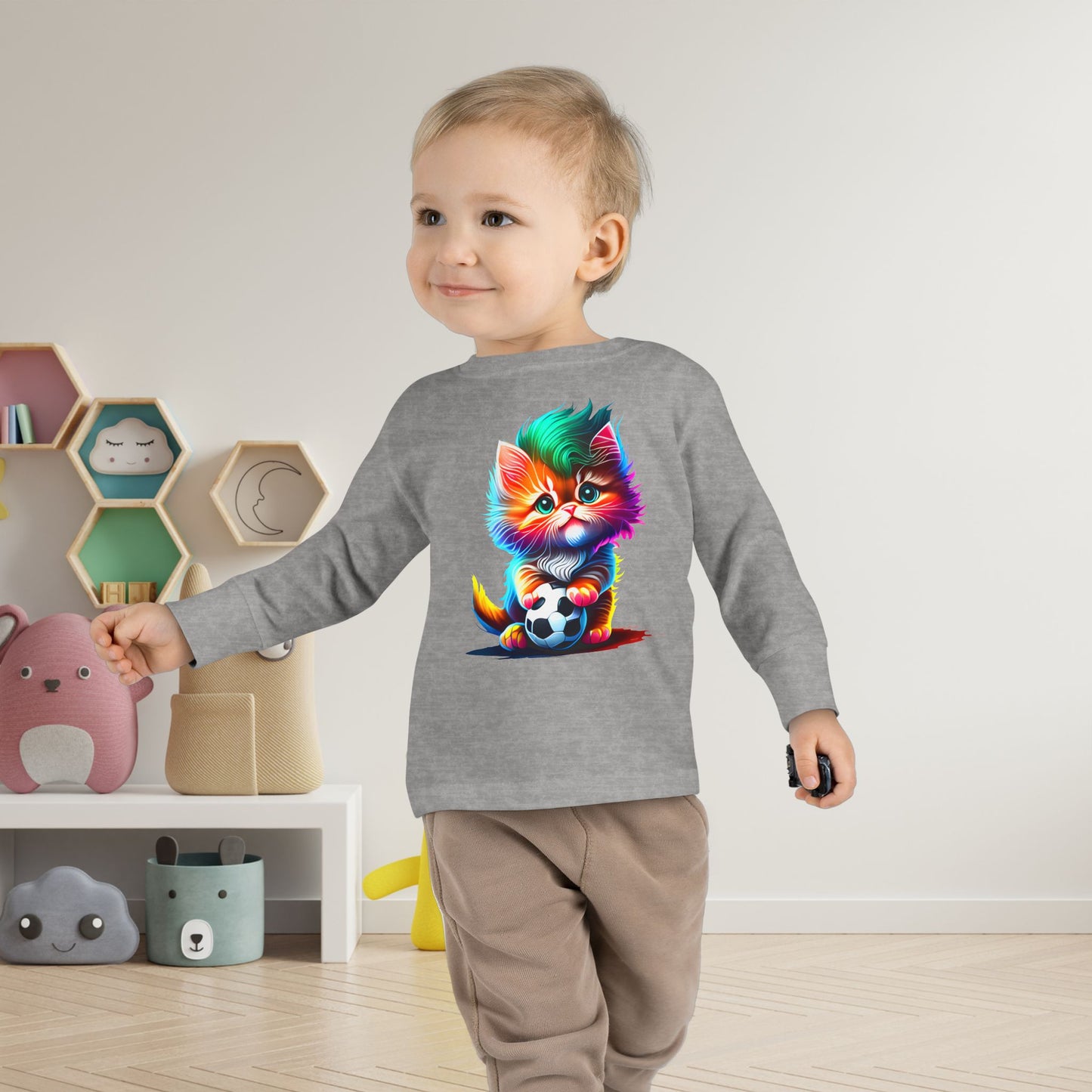 Cute Colorful Kitten w/Soccer Ball Toddler Long Sleeve Tee