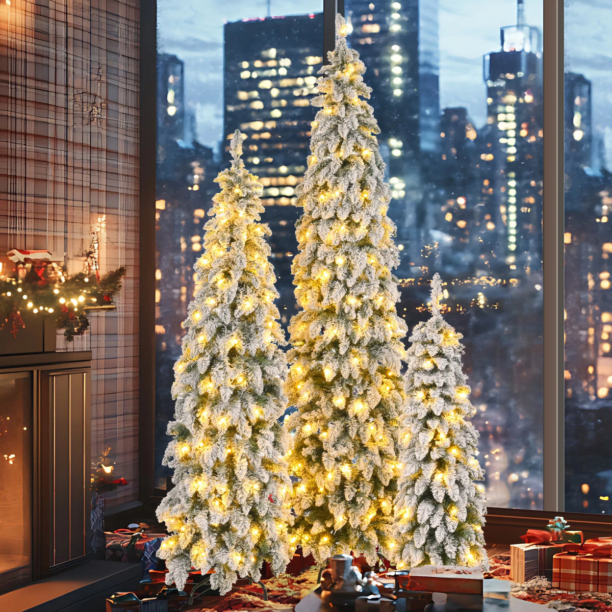 3-Piece Pre-Lit Snow Flocked Christmas Tree Set – 4FT, 6FT & 8FT Pencil Trees with 11 Lighting Modes