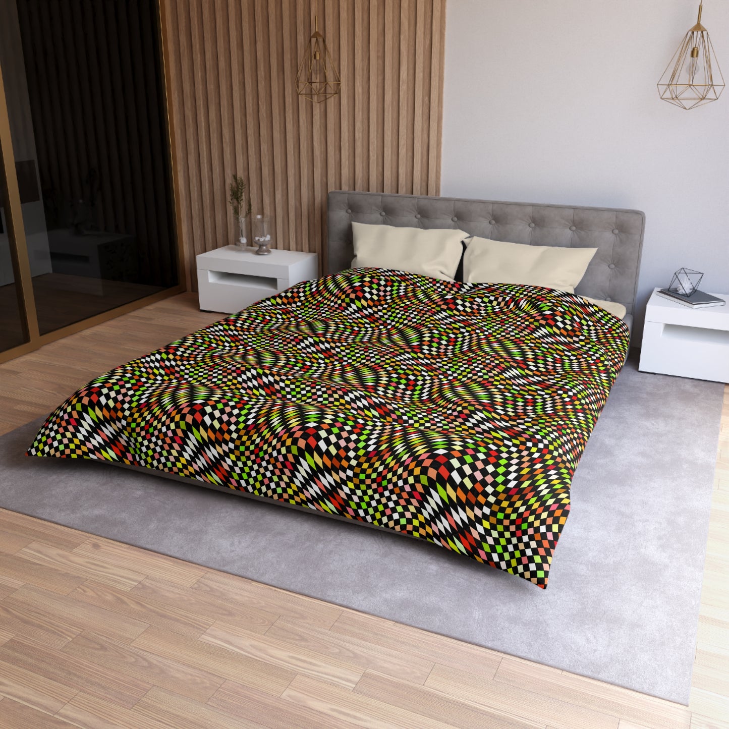 Warped Yellow/Green Checkered Microfiber Duvet Cover