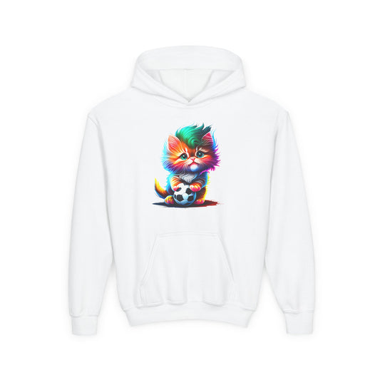 Cute Colorful Kitty w/Soccer Ball Youth Hoodie