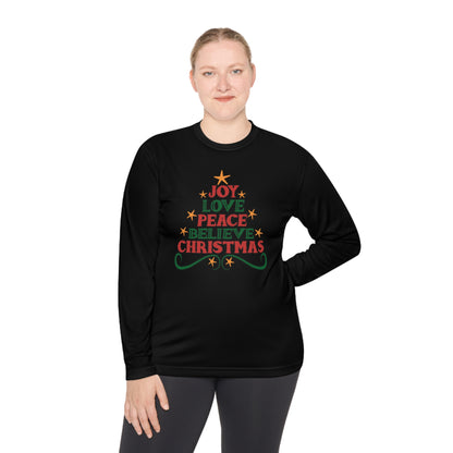 Joy Love Peace Believe Christmas Adult Long Sleeve Tee