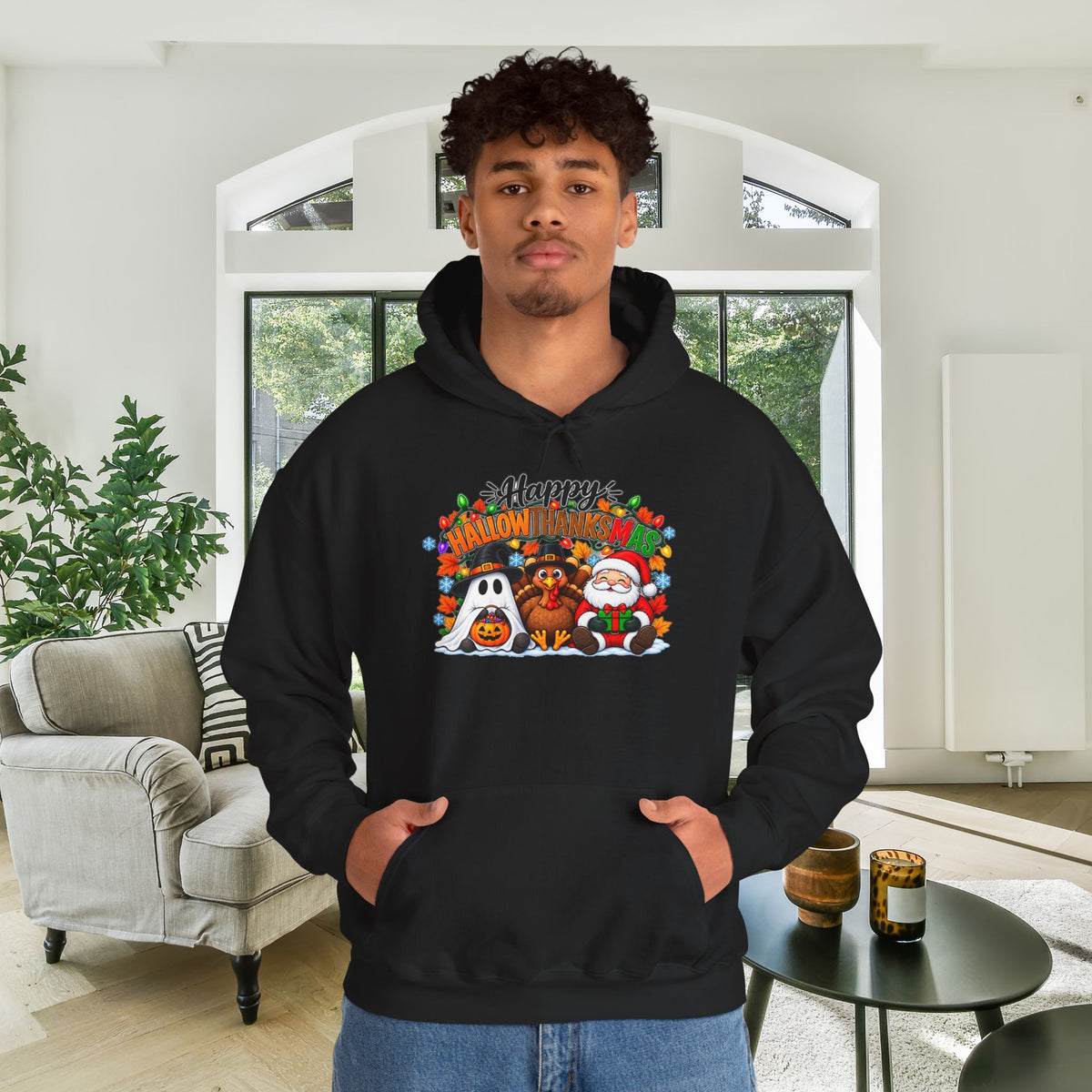 Happy Hallowthanksmas (String Lights) Heavy Blend™ Adult Hoodie