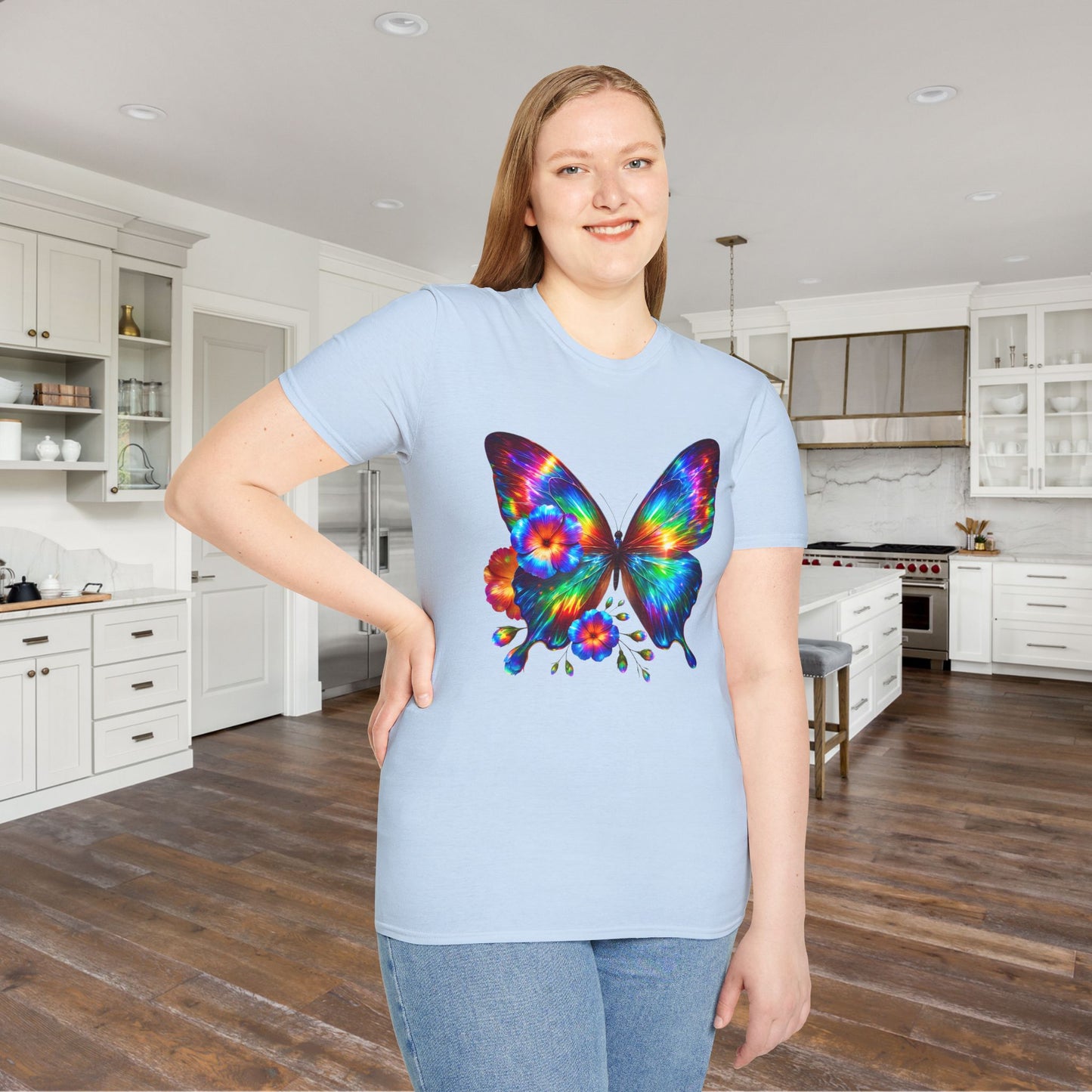 Colorful Butterfly & Flowers Adult T-shirt