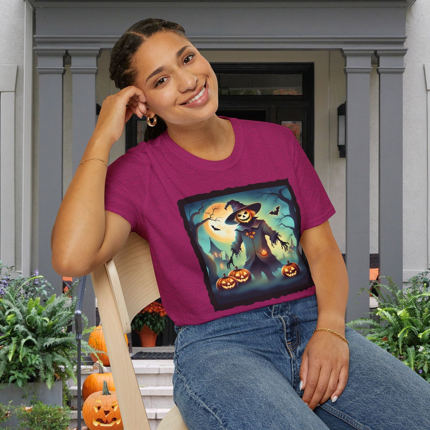 Halloween Scarecrow w/Pumpkins 3 Adult T-shirt