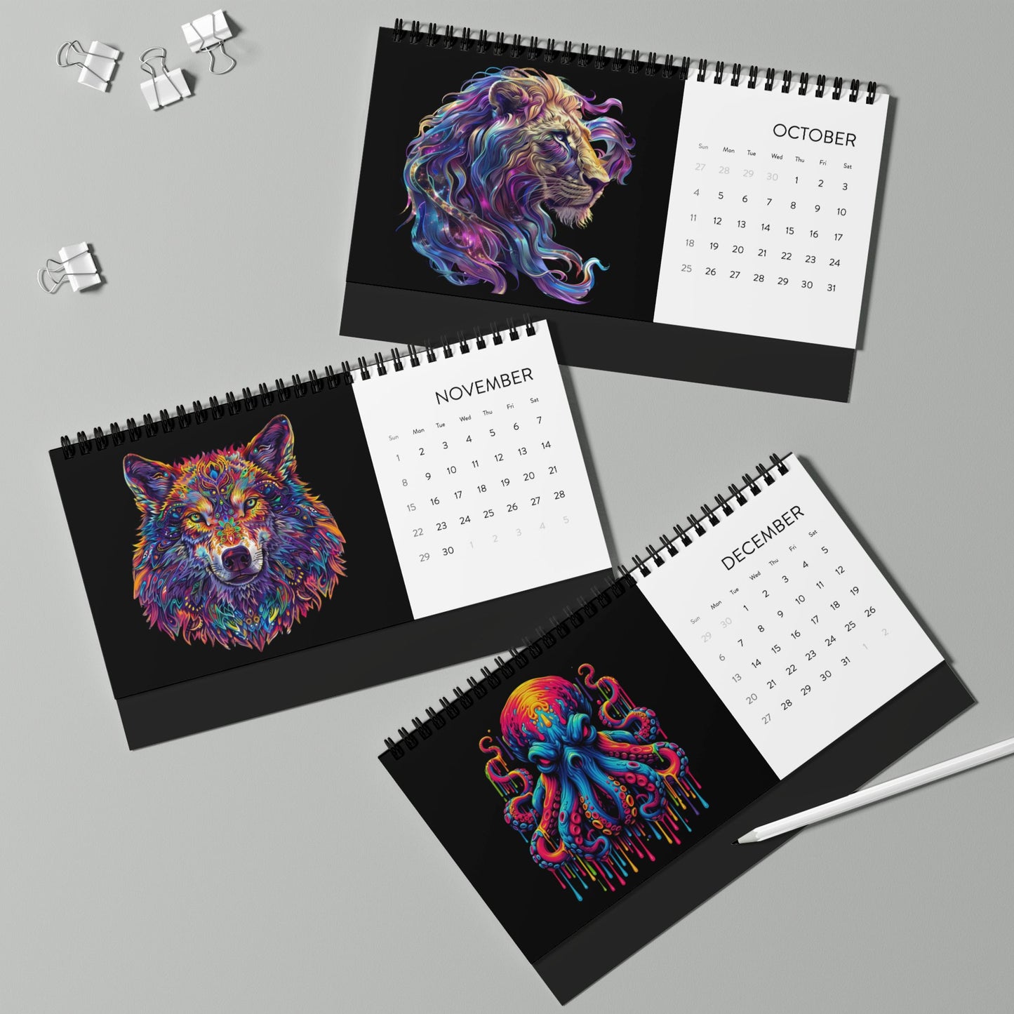 2026 Color Splash Animal Desktop Calendar — Grid Monthly Planner