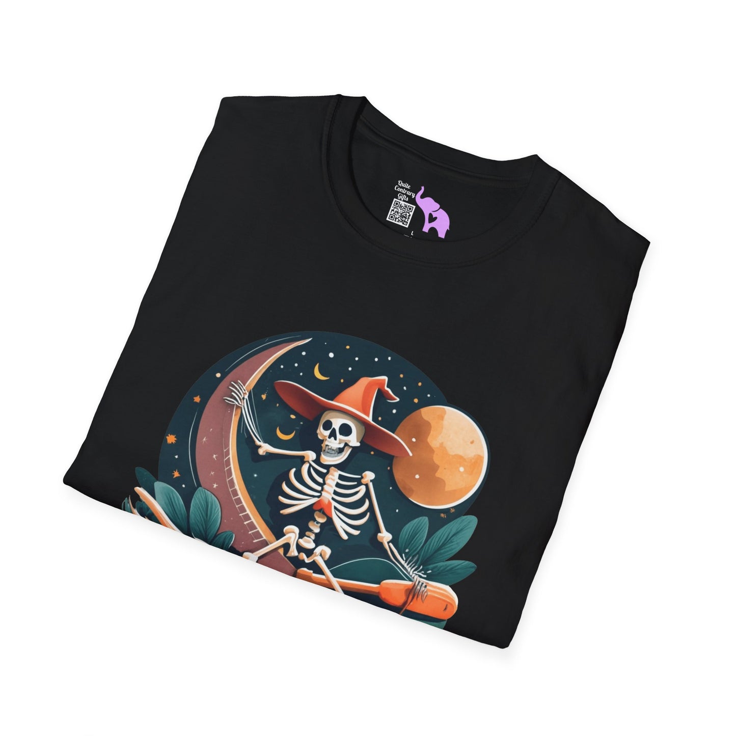 Skeleton Over Moon On Broomstick Adult T-shirt
