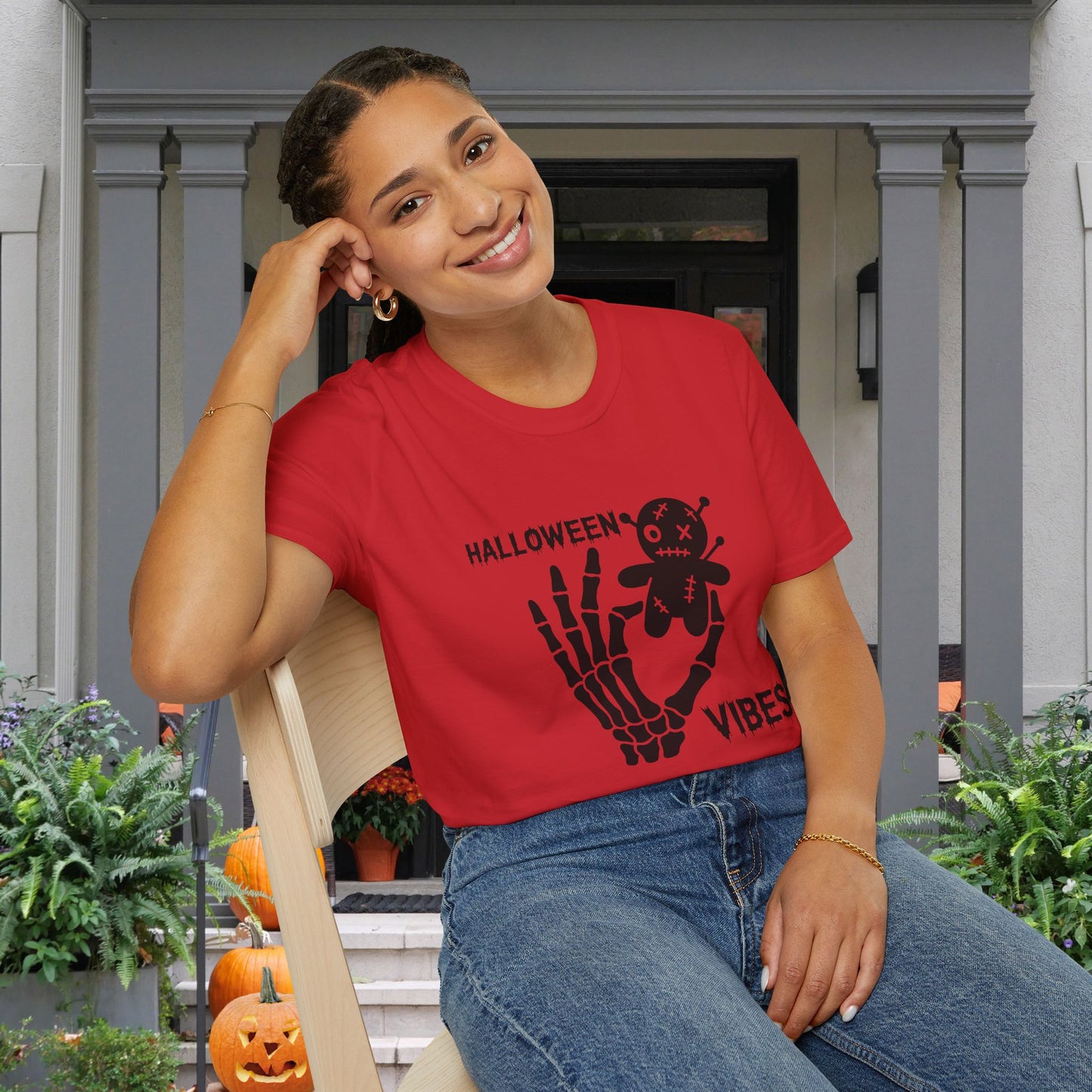 Halloween Vibes (Skeleton Hand & Voodoo Doll) Adult T-shirt