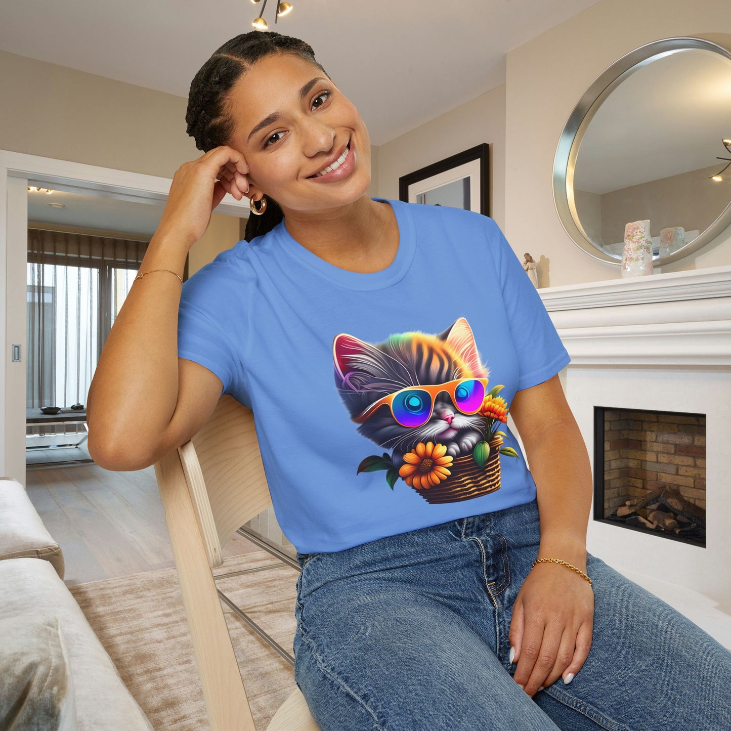 Cool Colorful Kitten in Flowers Adult T-shirt