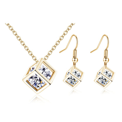 Gold/Silver Hollow Cube w/Stone Necklace/Earrings Set