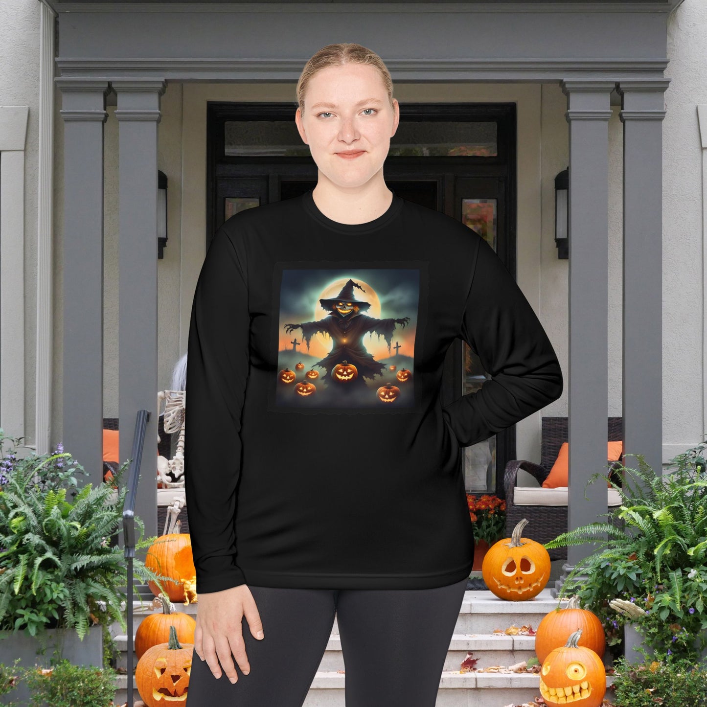 Halloween Scarecrow w/Pumpkins 2 Adult Long Sleeve Tee