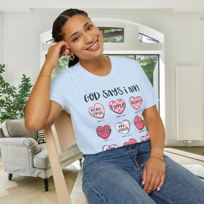 God Says I Am... (Conversation Hearts) Adult T-shirt