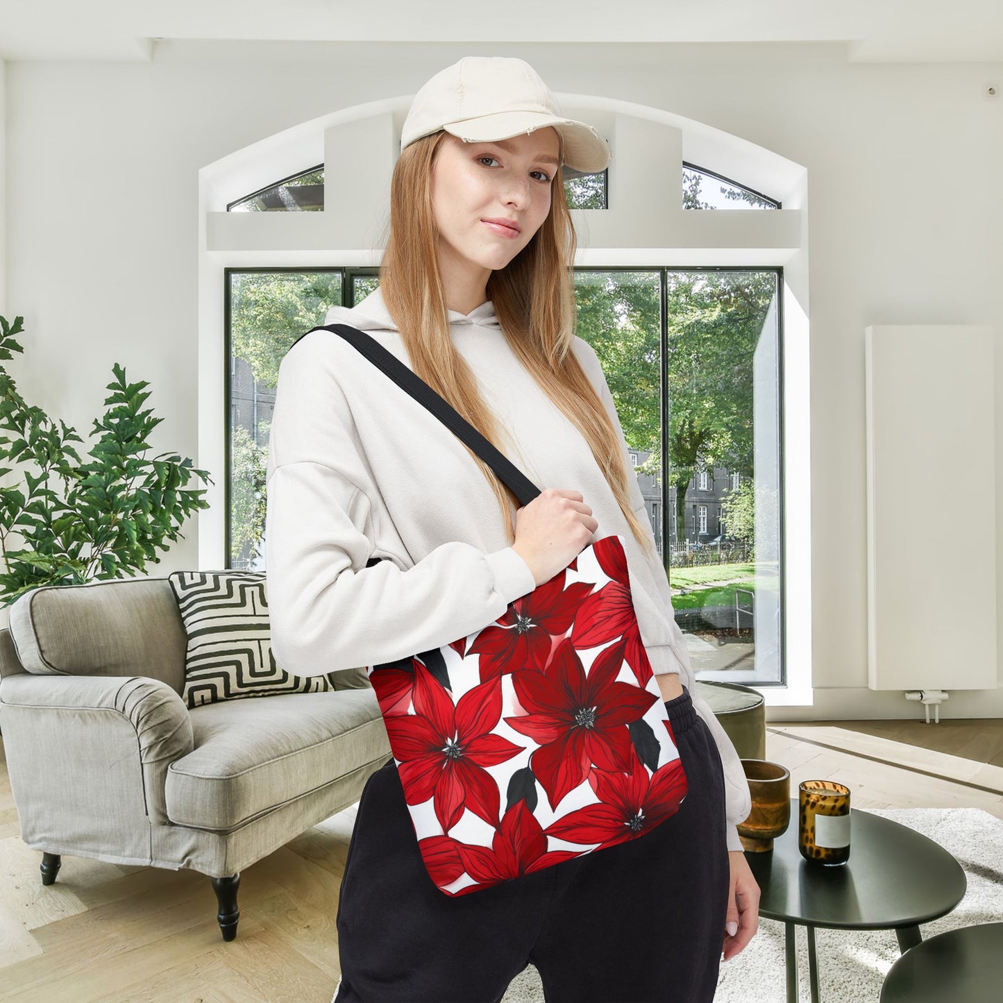 Inked Poinsettias Canvas Tote Bag