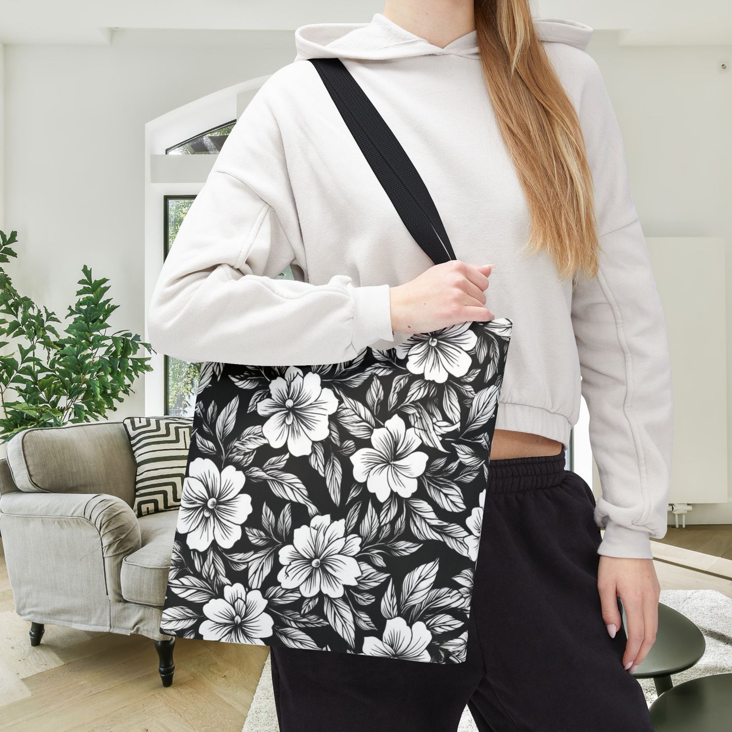 Monochrome Paradise Bloom Canvas Tote Bag