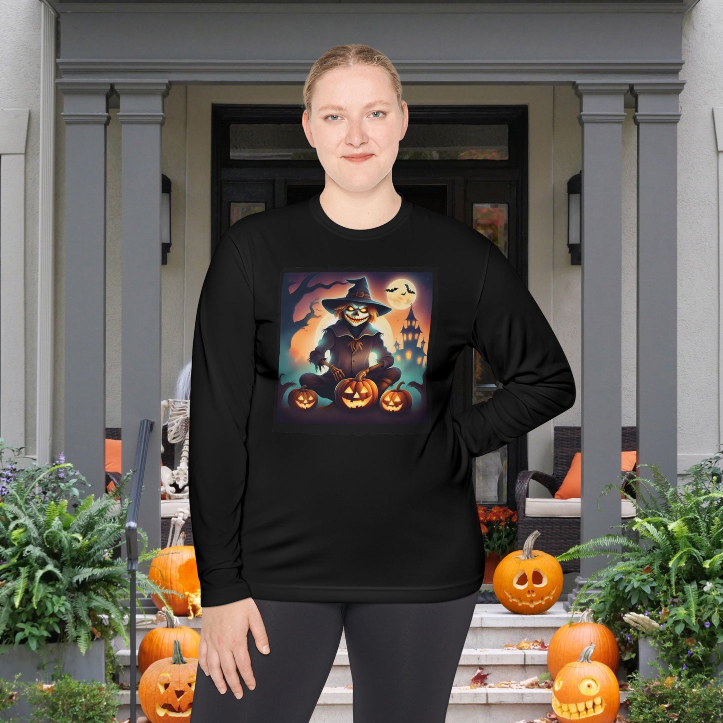 Halloween Scarecrow w/Pumpkins Adult Long Sleeve Tee