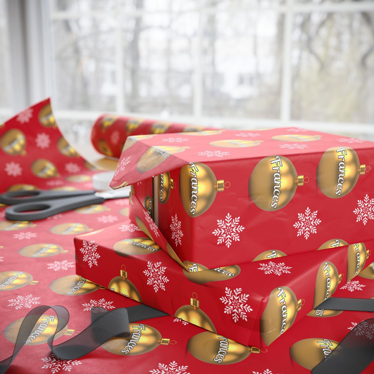 Gold Ornament Red Background Custom Wrapping Paper (Frances)