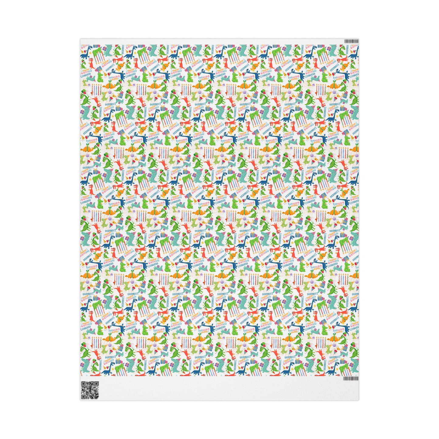 Birthday Dinosaur (White) Custom Name Wrapping Paper (Leonardo)