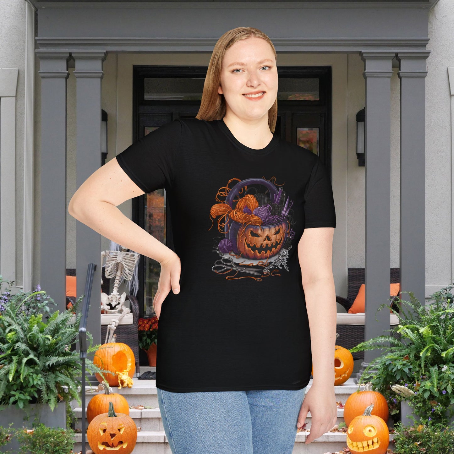 Spooky Pumpkin Yarn Basket Adult T-shirt