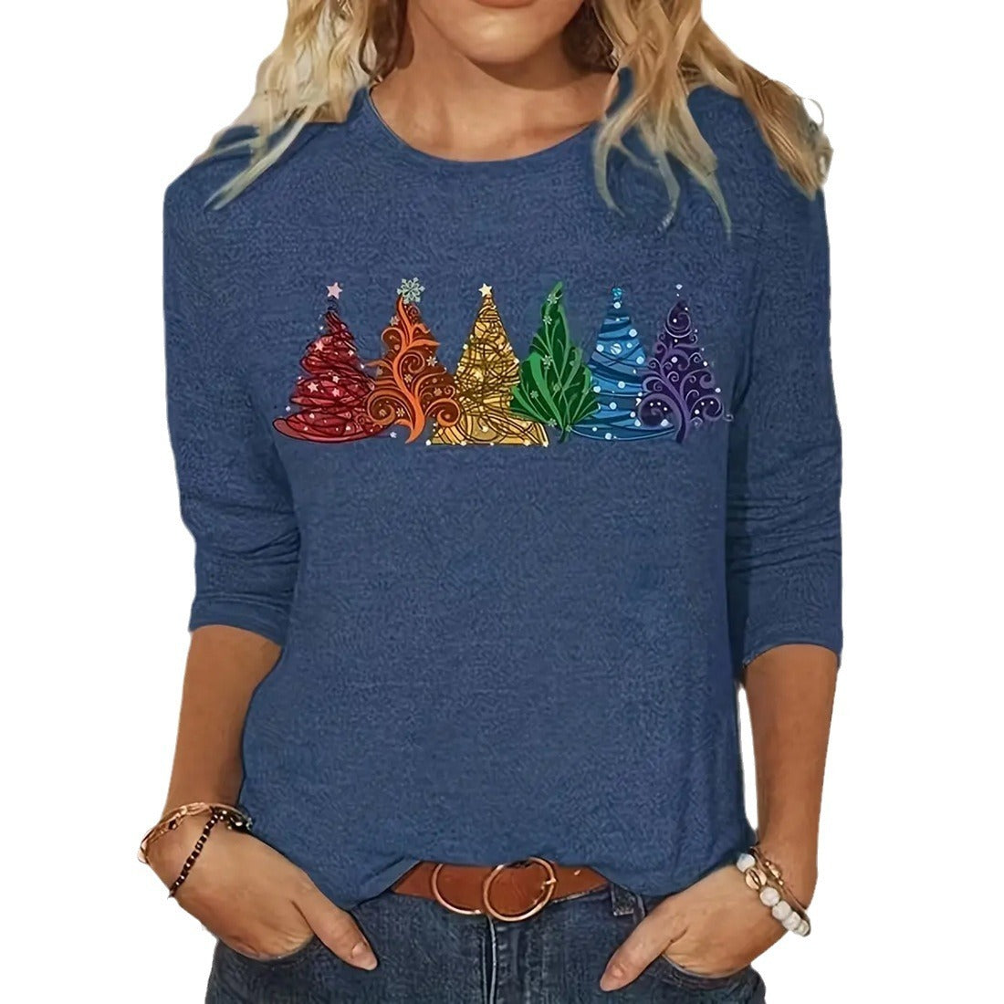 Women's Long-sleeved T-shirt Christmas Tree Printed Round Neck Loose Casual up to 6x