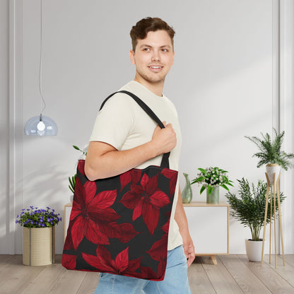 Midnight Poinsettia Garden Canvas Tote Bag