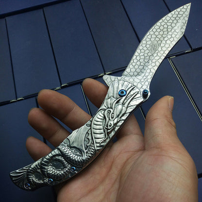 Ornate Dragon Stainless Steel Folding Knife