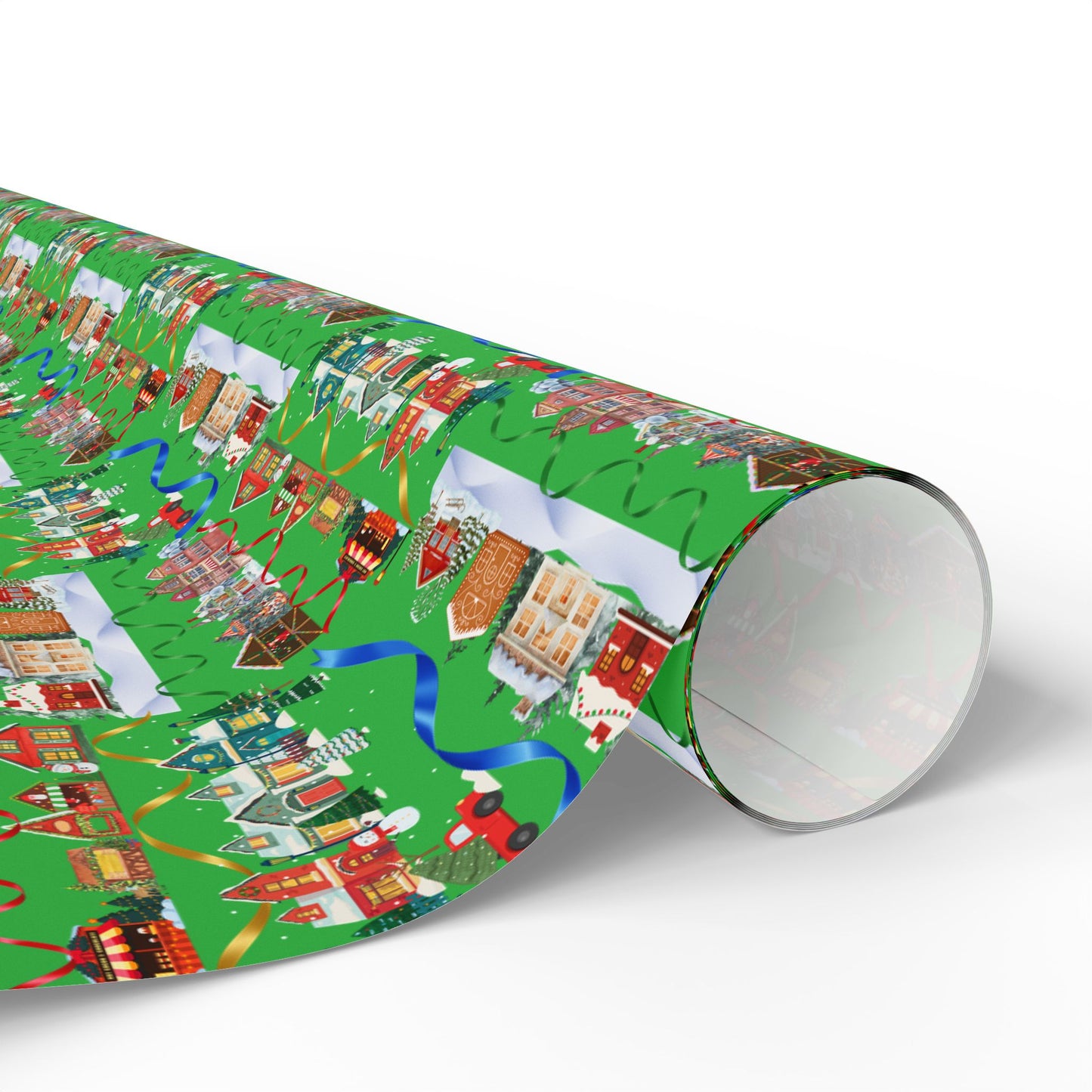 Colorful Christmas Village Green Wrapping Paper
