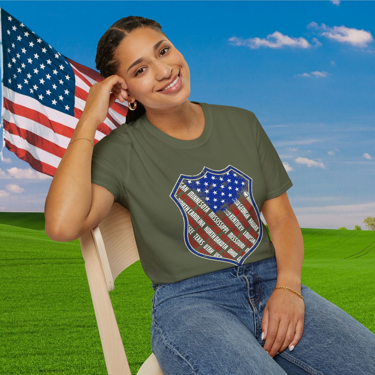 Badge-Shaped American Flag w/States Adult T-Shirt