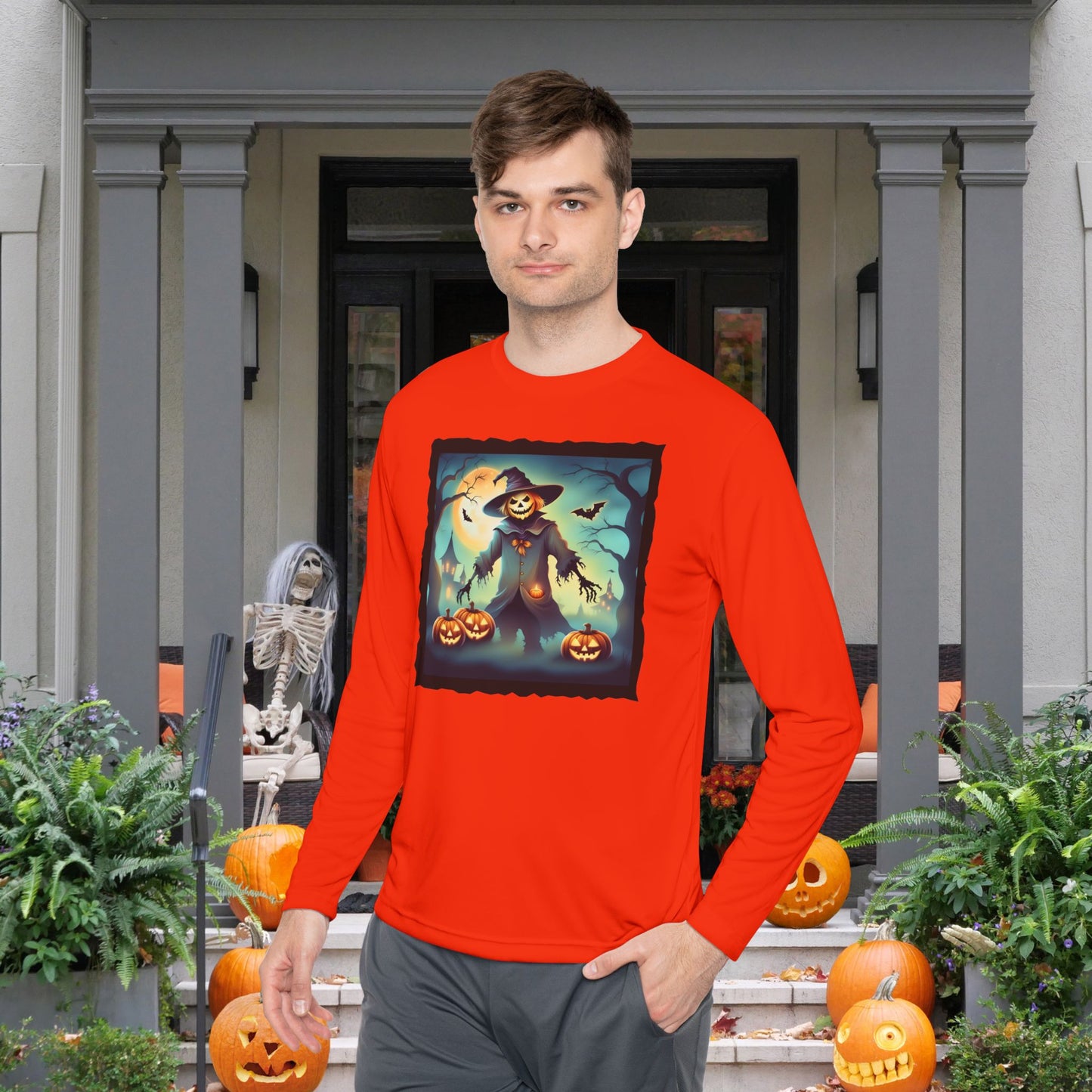 Halloween Scarecrow w/Pumpkins 3 Adult Long Sleeve Tee