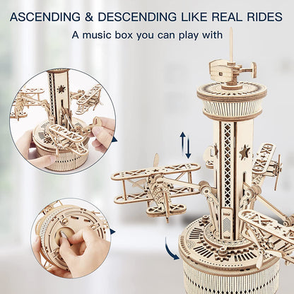 Flying Airplane Tower 3D DIY Wooden Puzzle Music Box