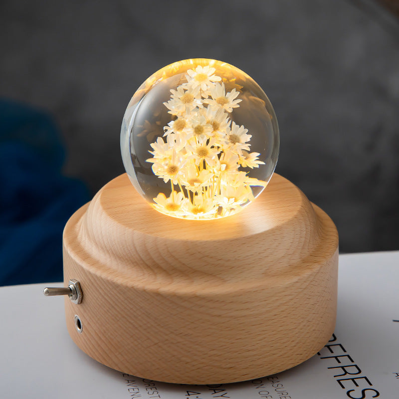 Flower Crystal Ball Night Lamp With Wooden Base