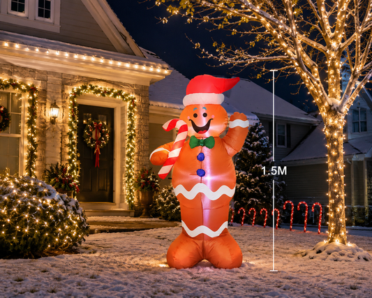 5ft Inflatable Gingerbread Man with Candy Cane & LED Lights – Outdoor Christmas Yard Decoration