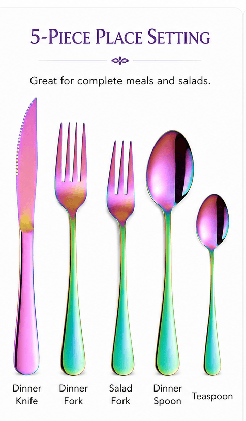 Rainbow Stainless Steel Flatware – Individual Pieces & Place Setting Sets