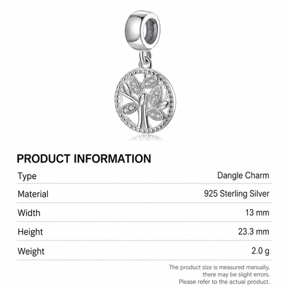 925 Sterling Silver Tree of Life Dangle Charm – CZ Family Tree Pendant Bead