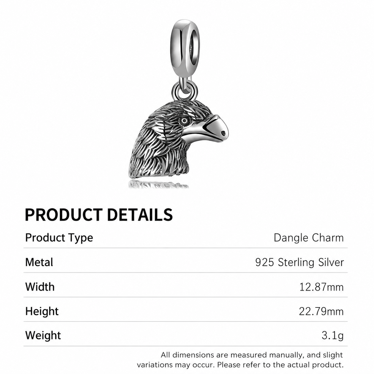 925 Sterling Silver Eagle Head Dangle Charm – Detailed Bird of Prey Pendant