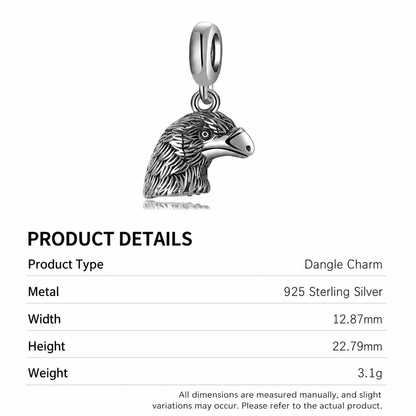 925 Sterling Silver Eagle Head Dangle Charm – Detailed Bird of Prey Pendant