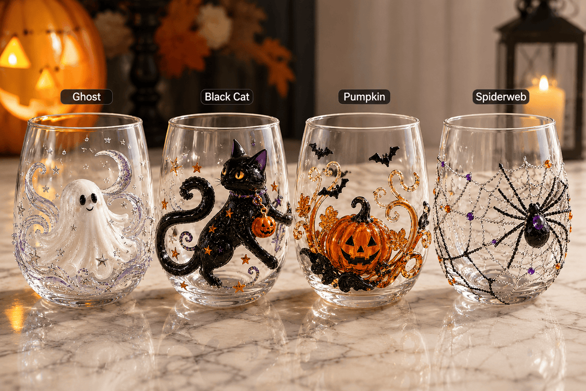 Spooky Spirits 3D Halloween Glasses – Pumpkin, Ghost, Black Cat & Spiderweb