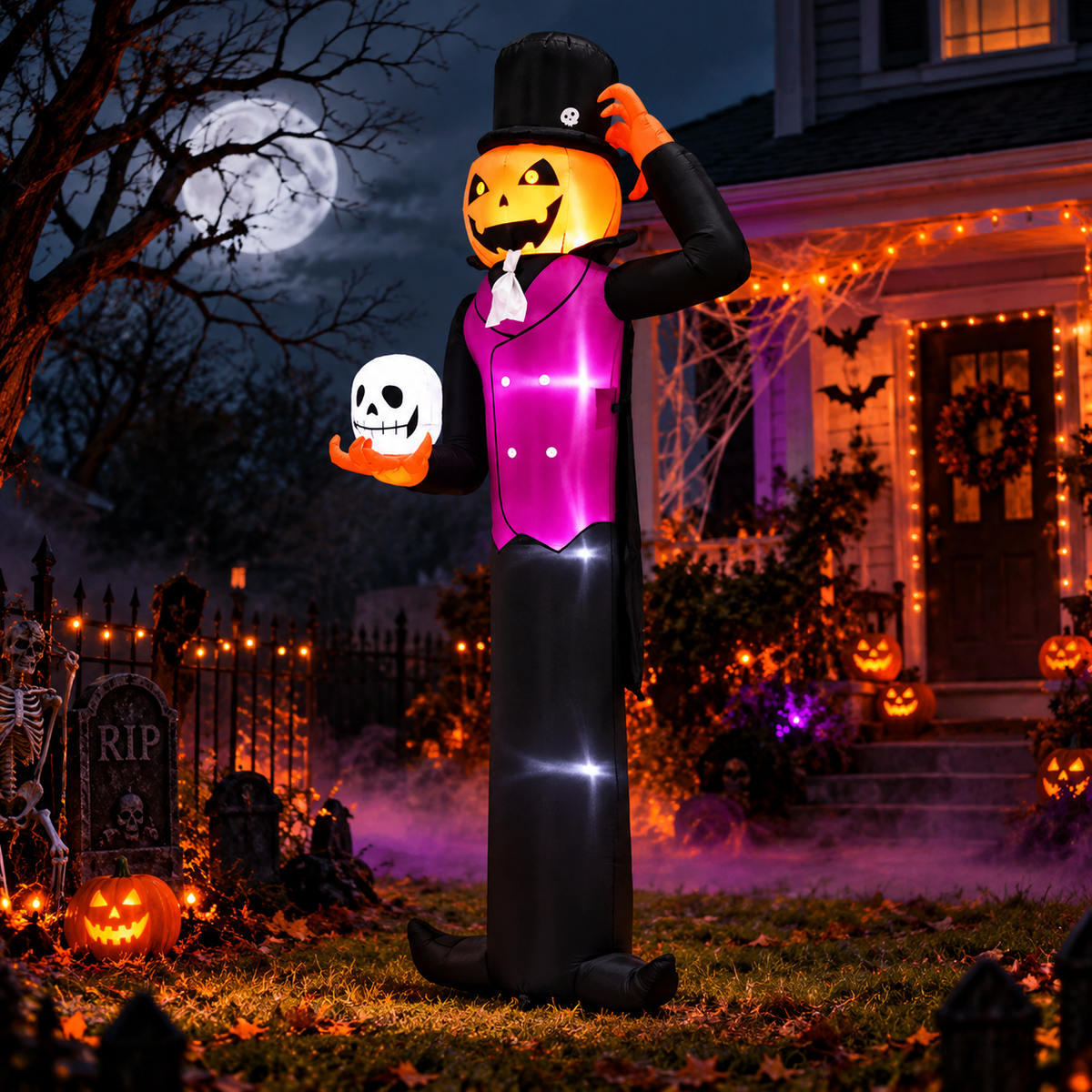 12FT Giant Inflatable Pumpkin Man with Skull & LED Lights