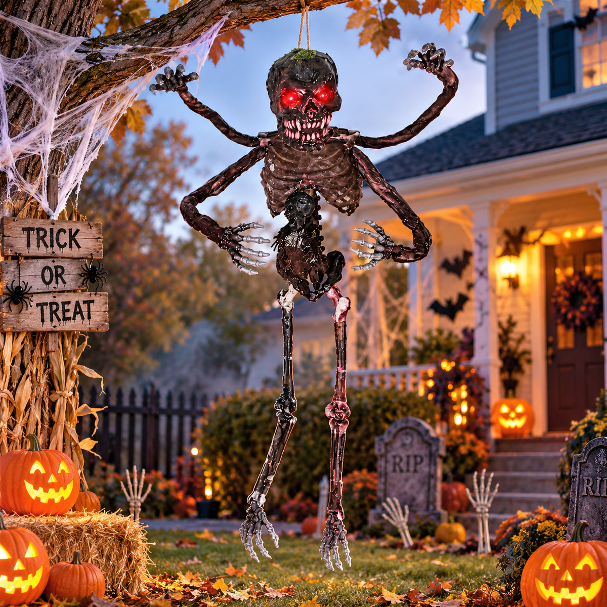 6FT Animated 4-Arm Halloween Skeleton with Flashing Red Eyes & Spooky Sounds