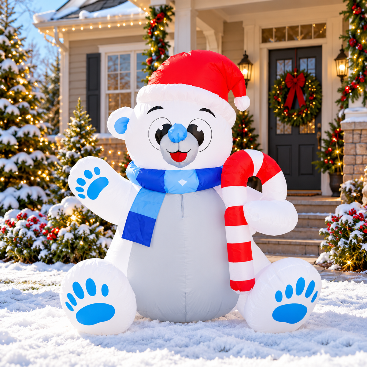 Christmas Polar Bear Inflatable Decoration – Santa Hat & Candy Cane Holiday Display