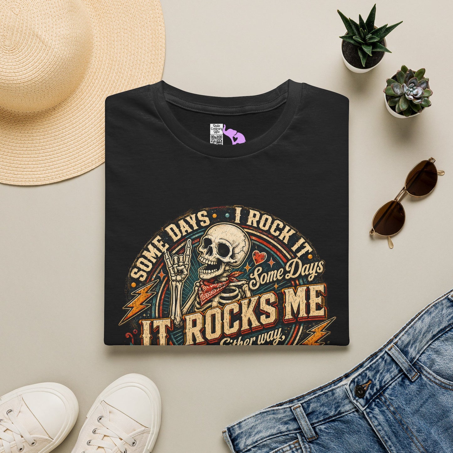 Some Days I Rock It Some Days It Rocks Me Either Way We're Rockin' Fatherhood Adult T-shirt