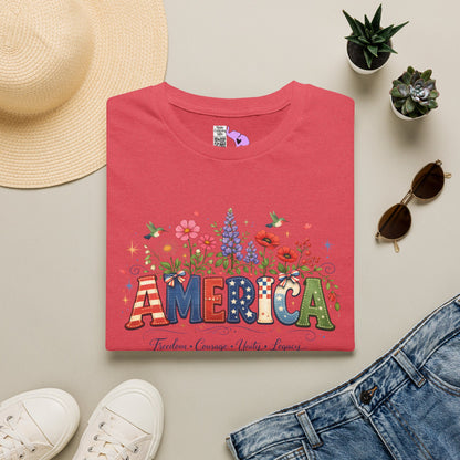 America (Floral) Freedom Courage Unity Legacy Adult T-shirt
